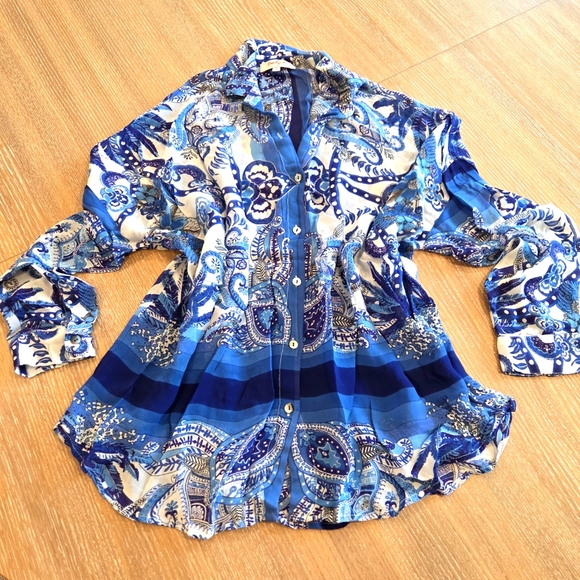 Rene Derhy Blue & White Floral Paisley Sheer Crepe Women's Blouse Oversized S - Picture 1 of 6